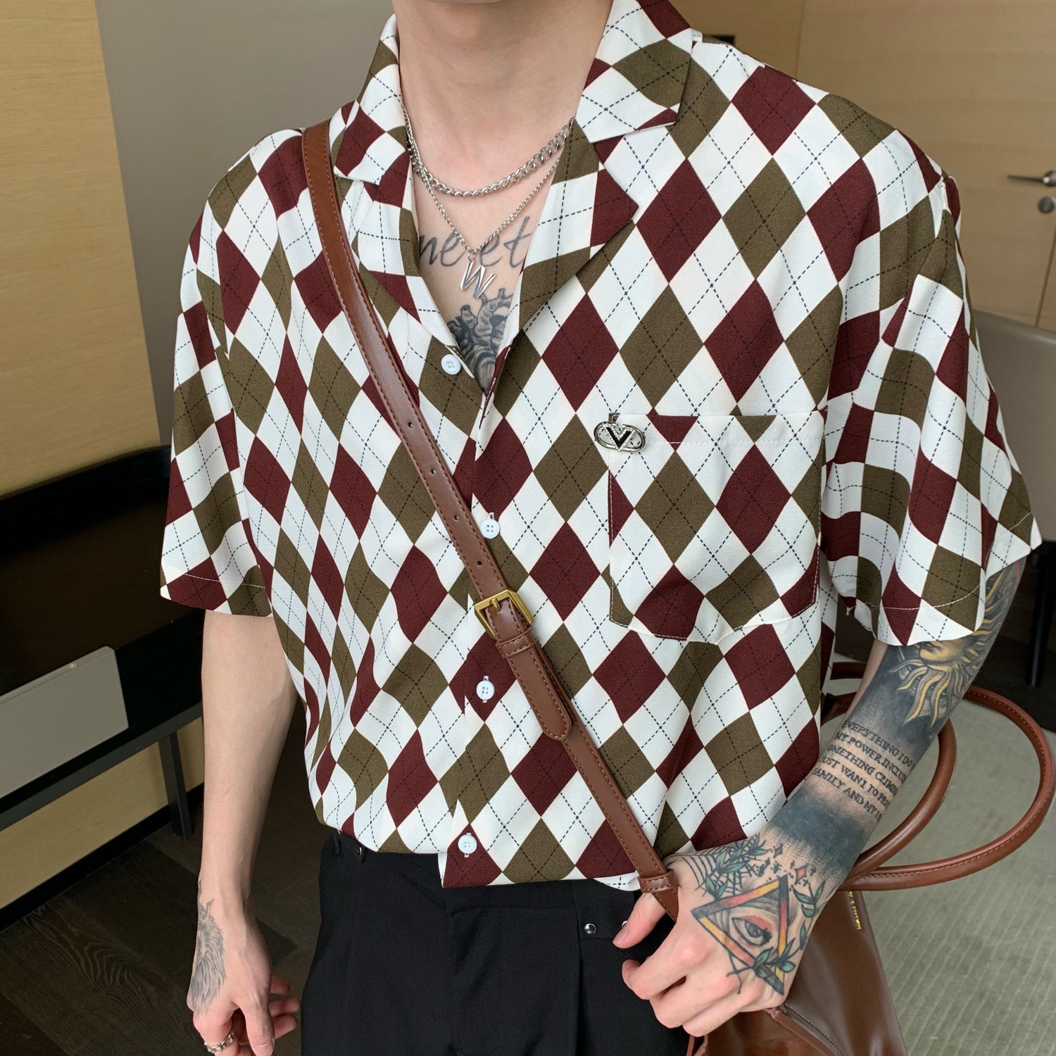 Ancient Hit Color Plaid Shirt Men's Summer Korean Style Drape Handsome Detachable Brooch Flower Shirt