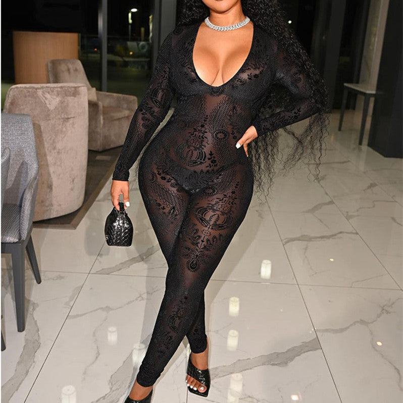 Women's Deep U See-through Mesh Print Slim Bodysuit