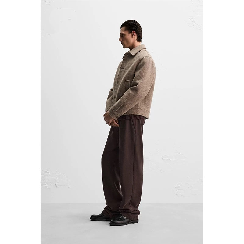 Men's Loose Wool Woven Lapel Long Sleeve Casual Jacket Coat