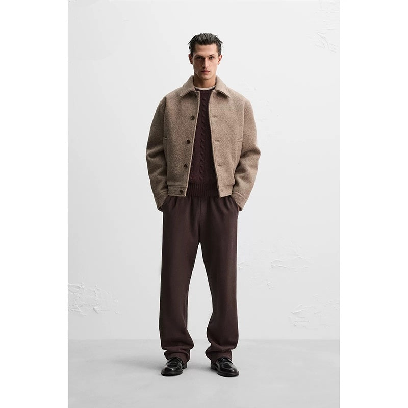 Men's Loose Wool Woven Lapel Long Sleeve Casual Jacket Coat