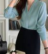 V-neck Long Sleeve Loose Korean Style Summer Business Chiffon Blouse Women