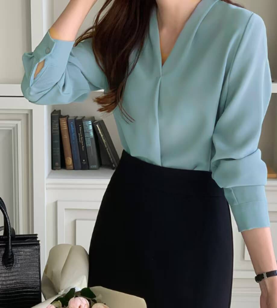 V-neck Long Sleeve Loose Korean Style Summer Business Chiffon Blouse Women