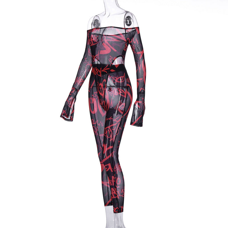 Mesh Yarn Shoulder Bodysuit Pants