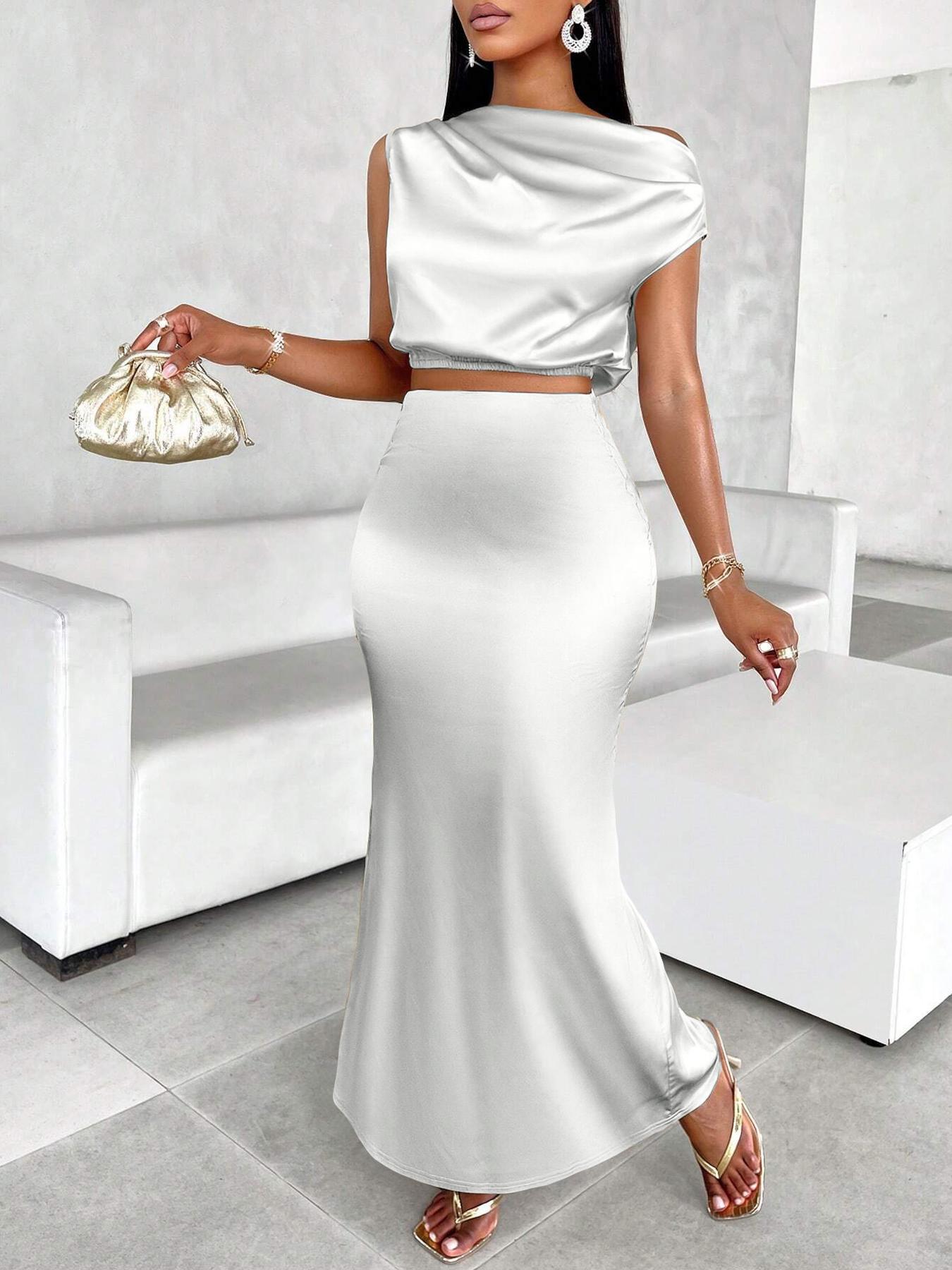Women's Solid Color Satin Dress Midriff Outfit Suit
