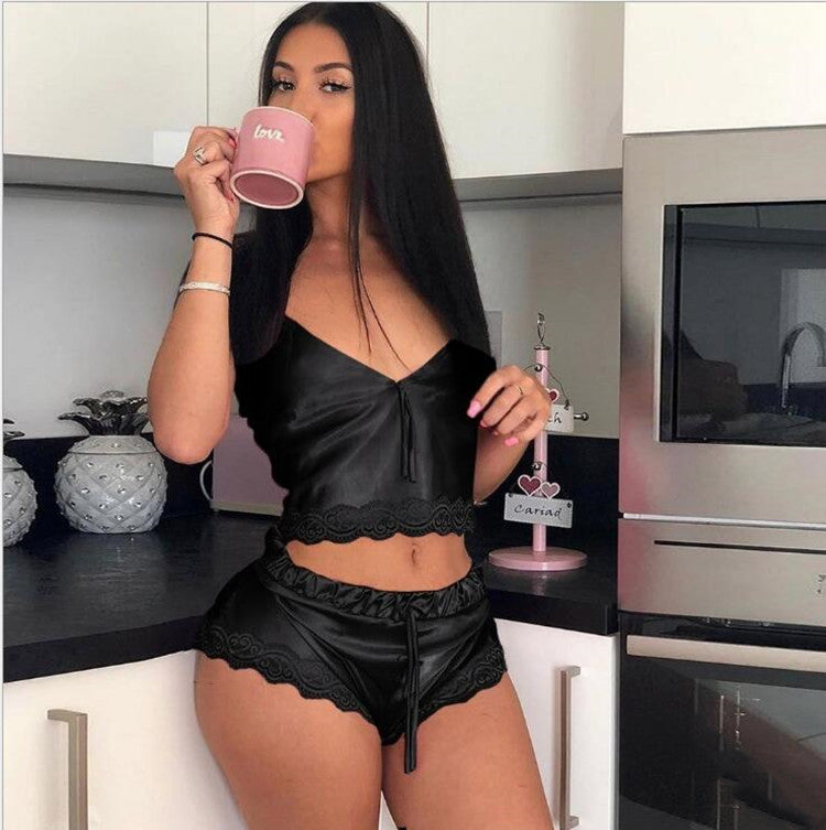 High Stretch Satin Home Pajamas 2-piece Set