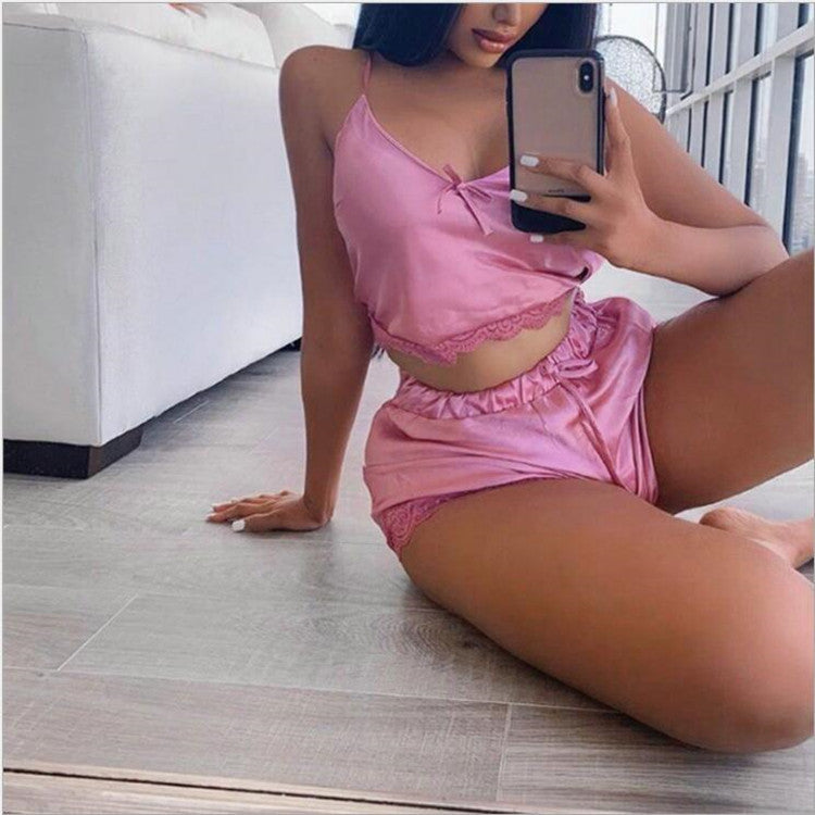 High Stretch Satin Home Pajamas 2-piece Set