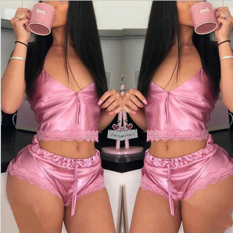 High Stretch Satin Home Pajamas 2-piece Set