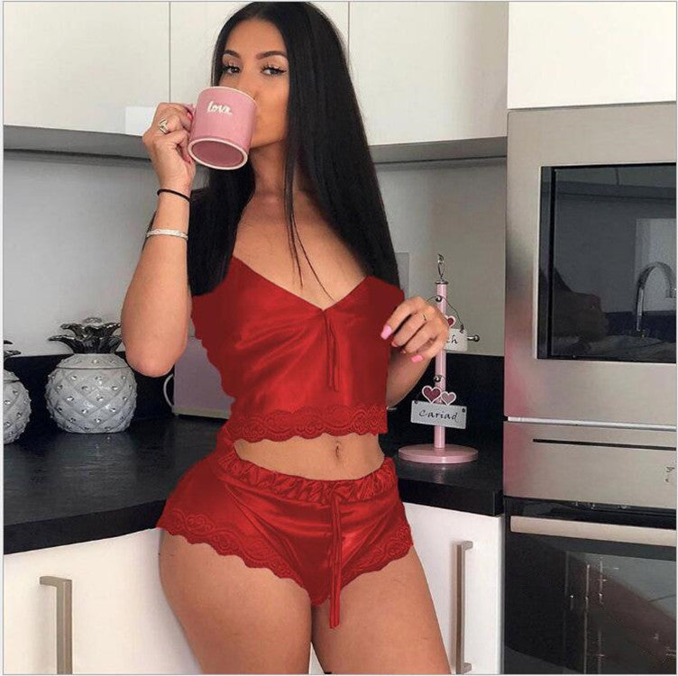 High Stretch Satin Home Pajamas 2-piece Set