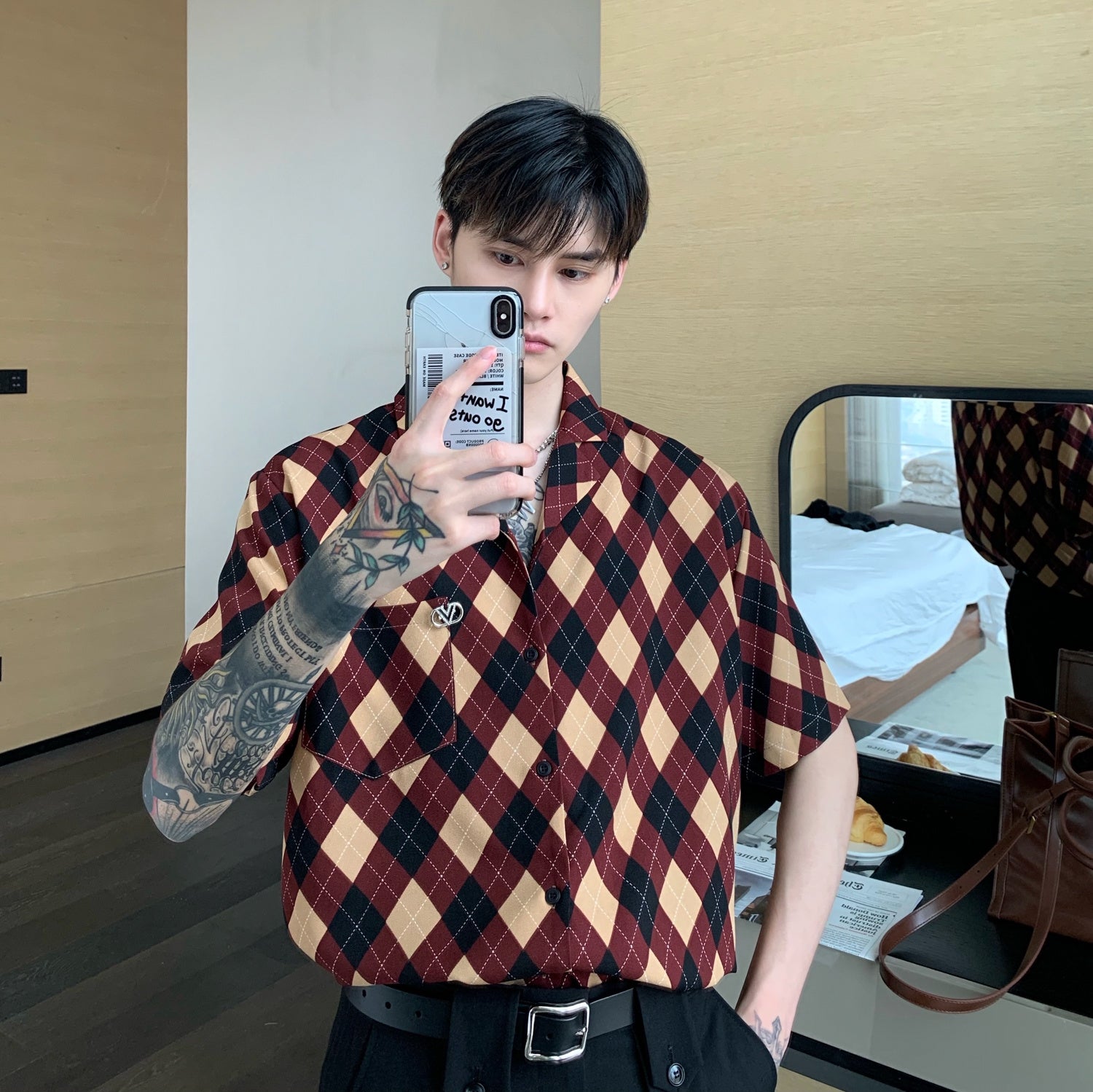 Ancient Hit Color Plaid Shirt Men's Summer Korean Style Drape Handsome Detachable Brooch Flower Shirt