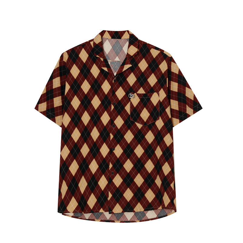 Ancient Hit Color Plaid Shirt Men's Summer Korean Style Drape Handsome Detachable Brooch Flower Shirt