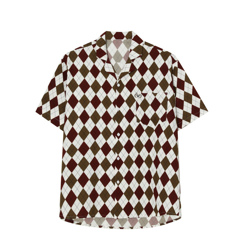 Ancient Hit Color Plaid Shirt Men's Summer Korean Style Drape Handsome Detachable Brooch Flower Shirt