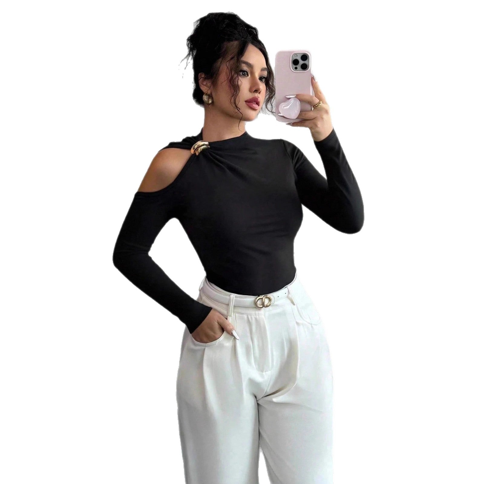 Asymmetric Collar One-side Off-the-shoulder Metal Decorative Slim Top