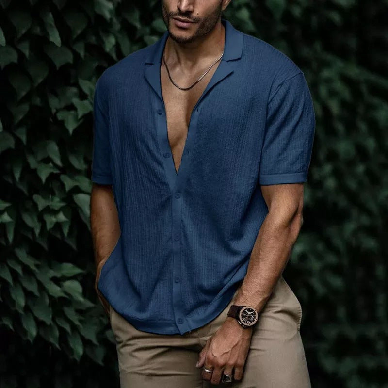 Casual Loose Cardigan Short Sleeve Solid Color T-shirt Men