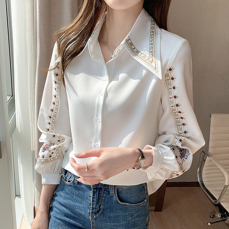 Loose Retro Hong Kong-style Temperament Blouse, Women's Embroidered