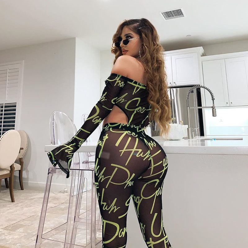 Mesh Yarn Shoulder Bodysuit Pants