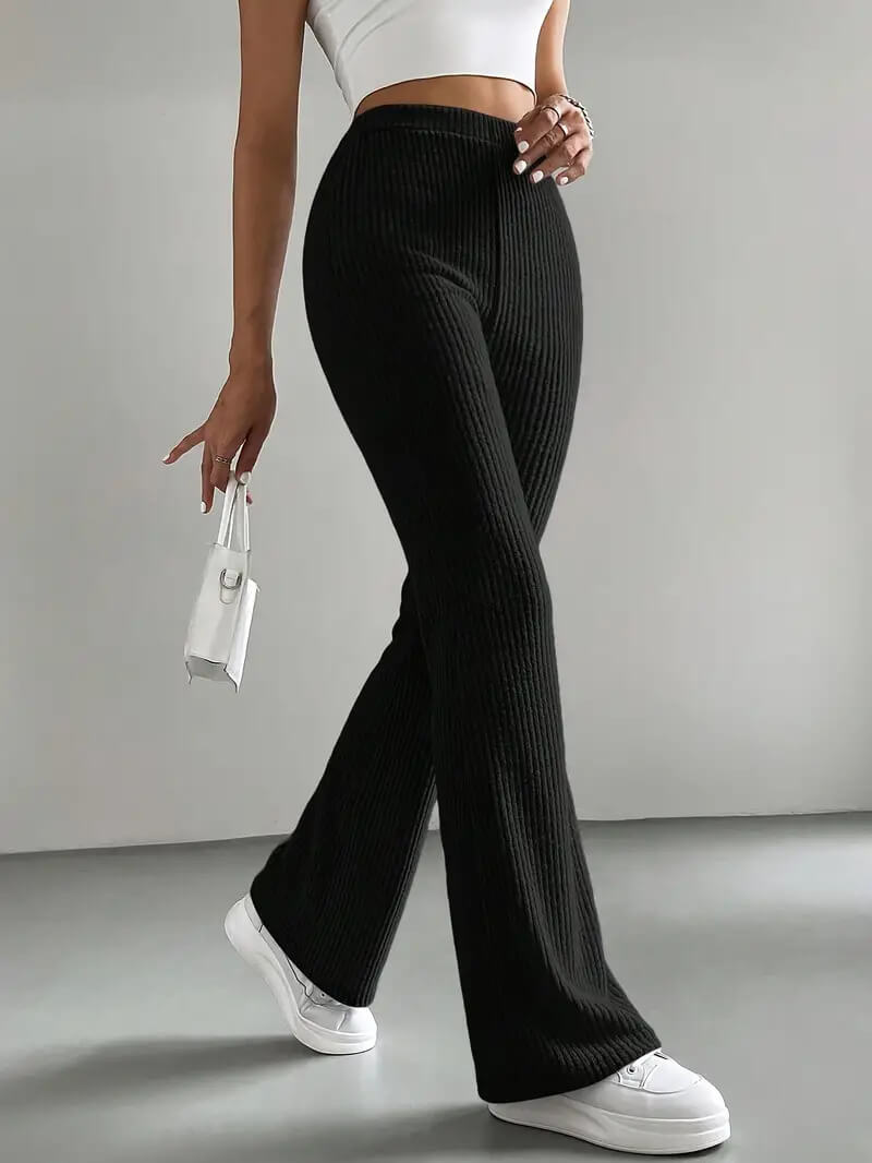 Flared Pants Women's Solid Color Casual Pants Ribbed Knit Fashionable Versatile Slim Fit Trousers