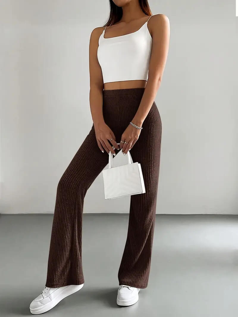Flared Pants Women's Solid Color Casual Pants Ribbed Knit Fashionable Versatile Slim Fit Trousers