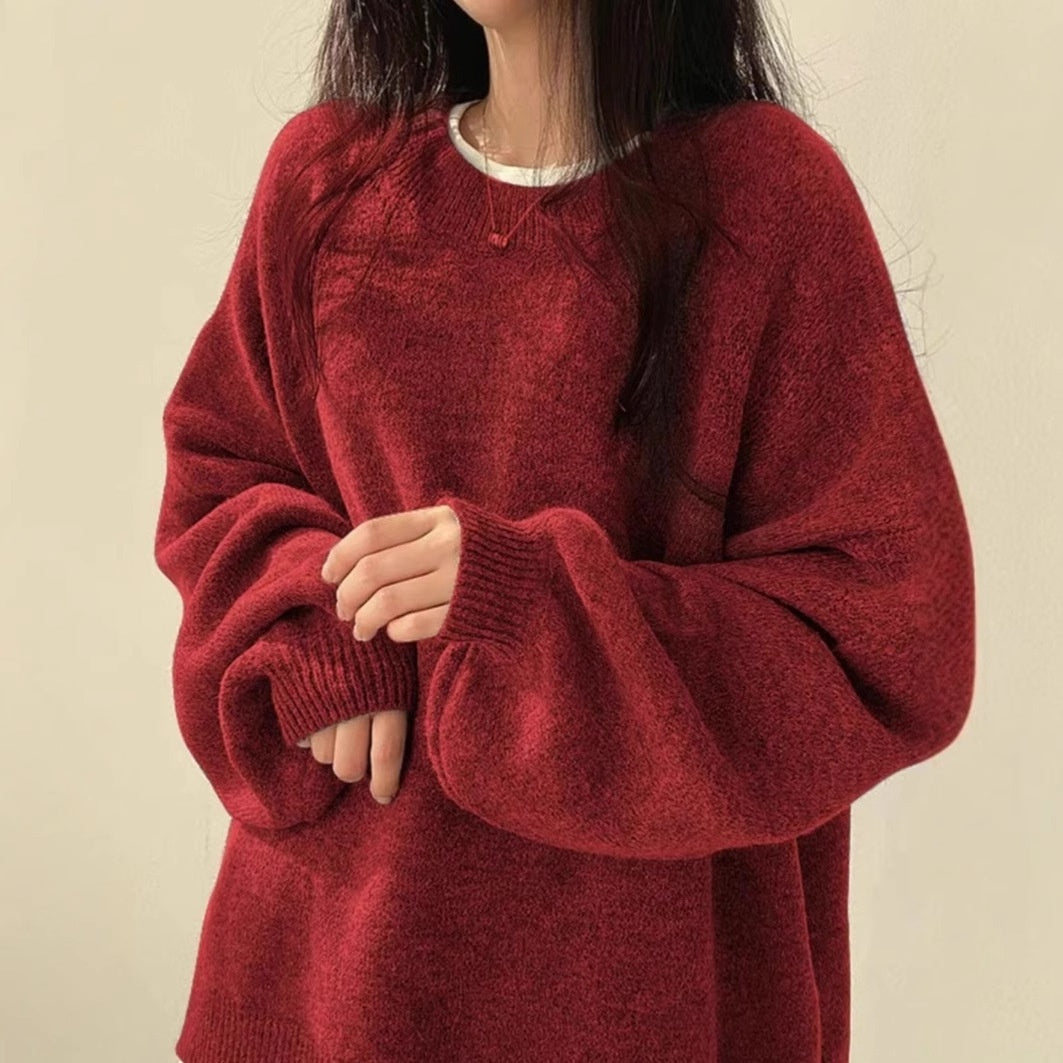 Temperament Crew Neck Pullover Lantern Sleeve Loose Sweater For Women