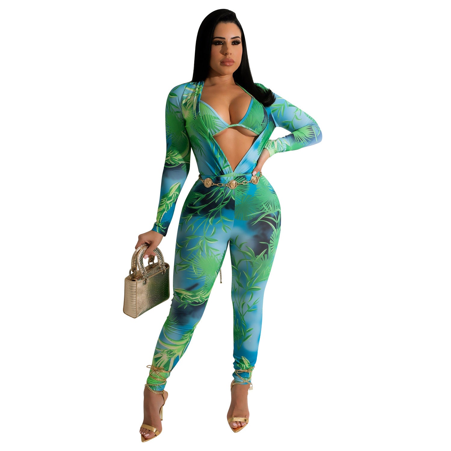 Women's Fashion Bodysuit Print Bodysuit Long Sleeve Pants Set