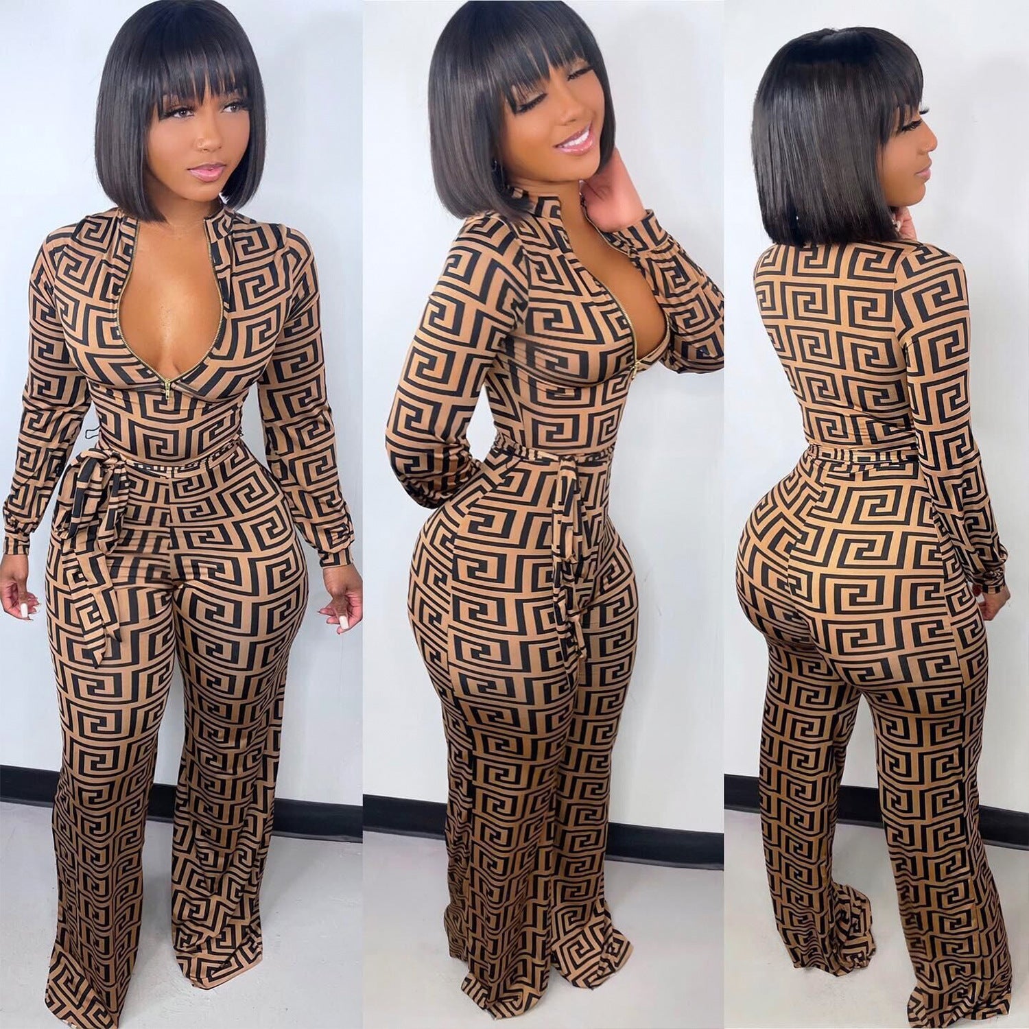 Fashion Print Ladies Deep V Neck Zip Tie Jumpsuit