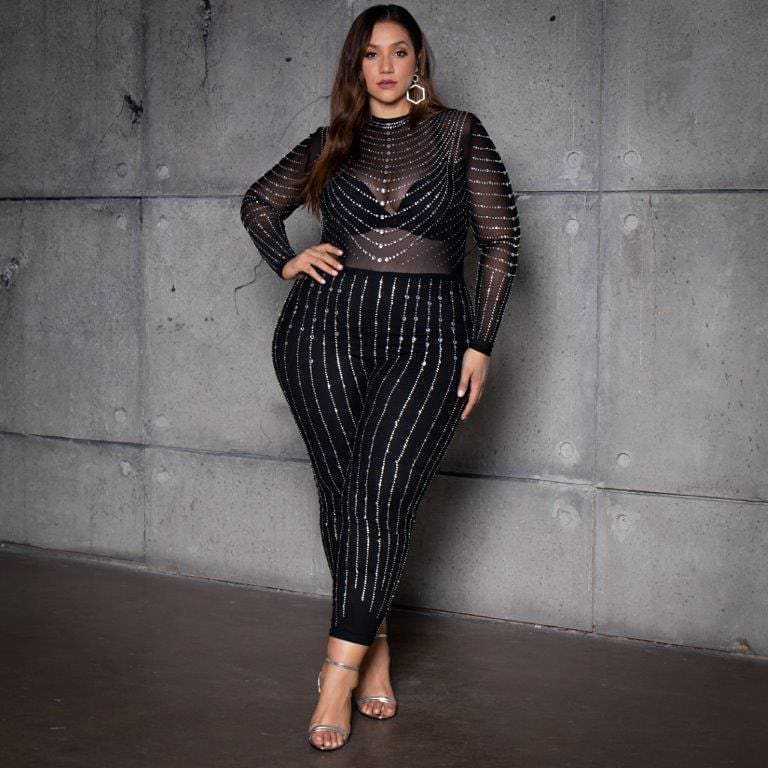 High Elastic Mesh Transparent Sexy Long-sleeved Hot Diamond Women's Jumpsuit