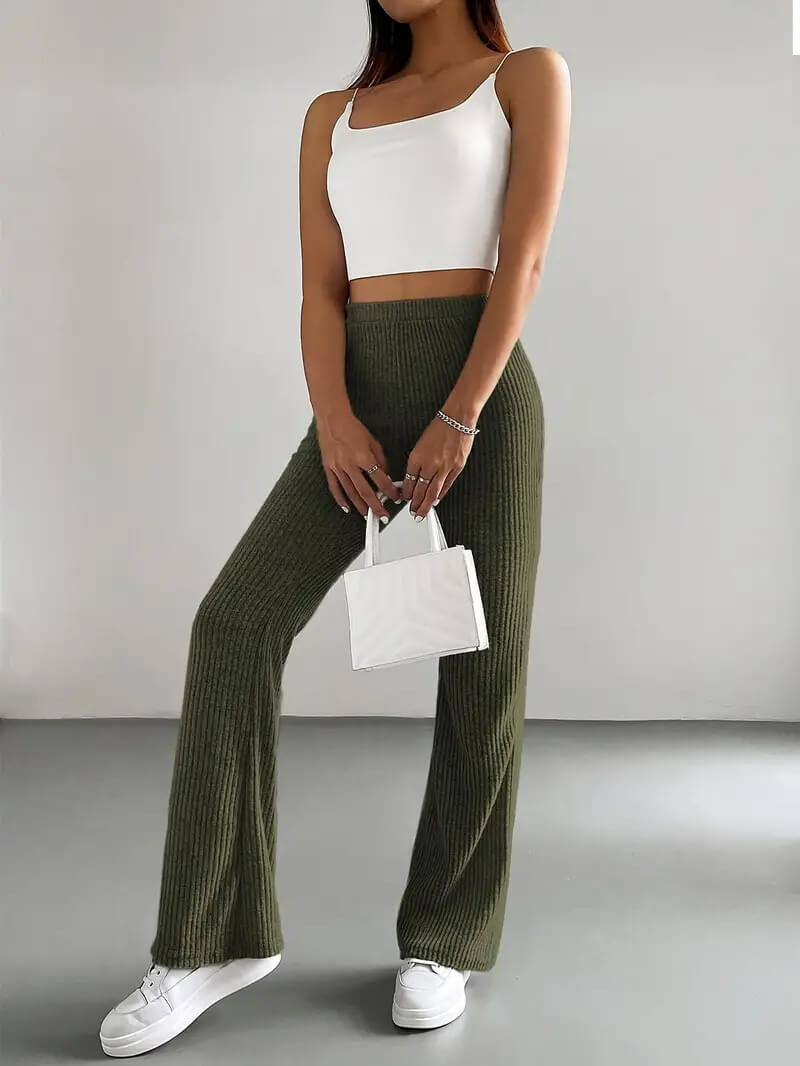 Flared Pants Women's Solid Color Casual Pants Ribbed Knit Fashionable Versatile Slim Fit Trousers