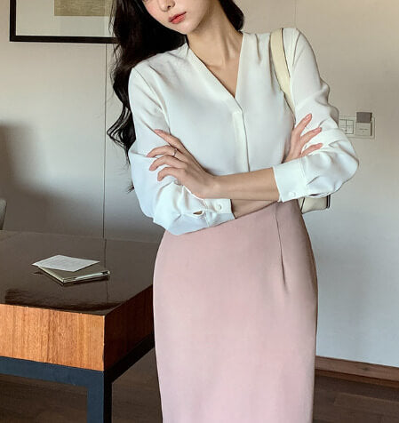V-neck Long Sleeve Loose Korean Style Summer Business Chiffon Blouse Women