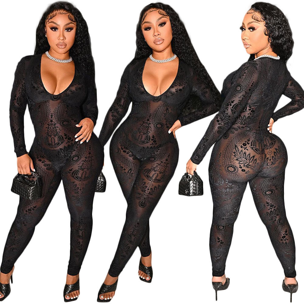 Women's Deep U See-through Mesh Print Slim Bodysuit