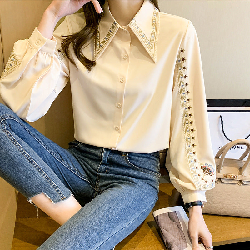 Loose Retro Hong Kong-style Temperament Blouse, Women's Embroidered