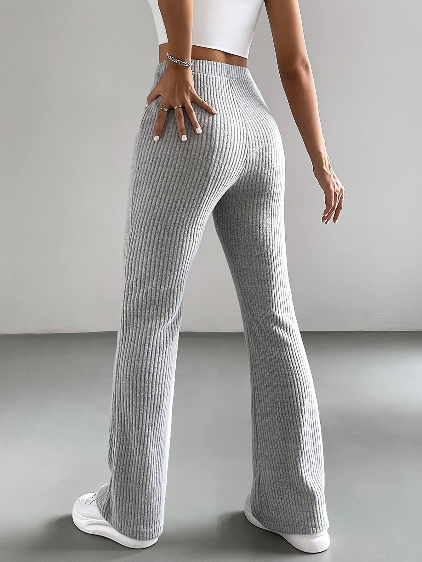 Flared Pants Women's Solid Color Casual Pants Ribbed Knit Fashionable Versatile Slim Fit Trousers