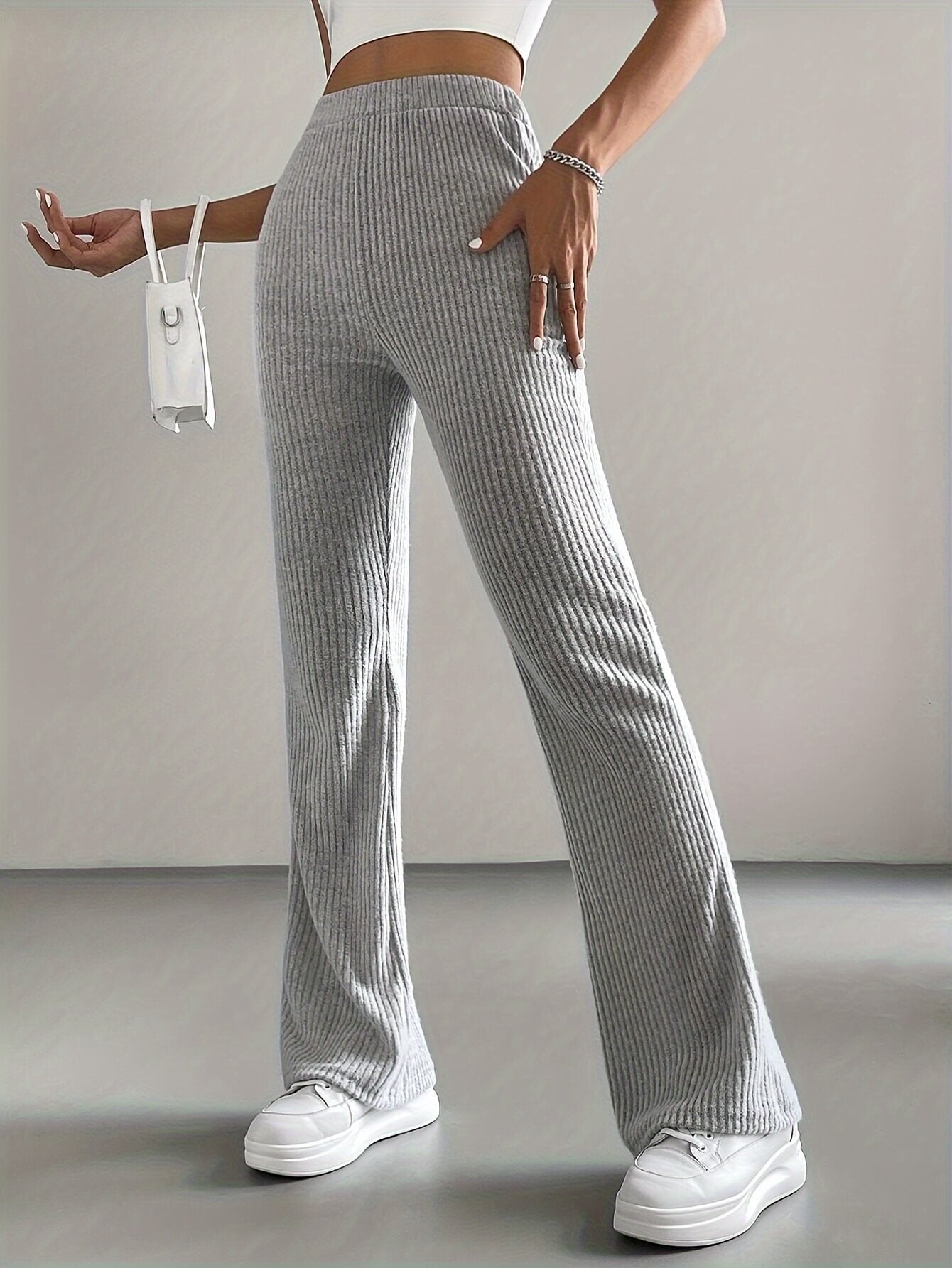 Flared Pants Women's Solid Color Casual Pants Ribbed Knit Fashionable Versatile Slim Fit Trousers