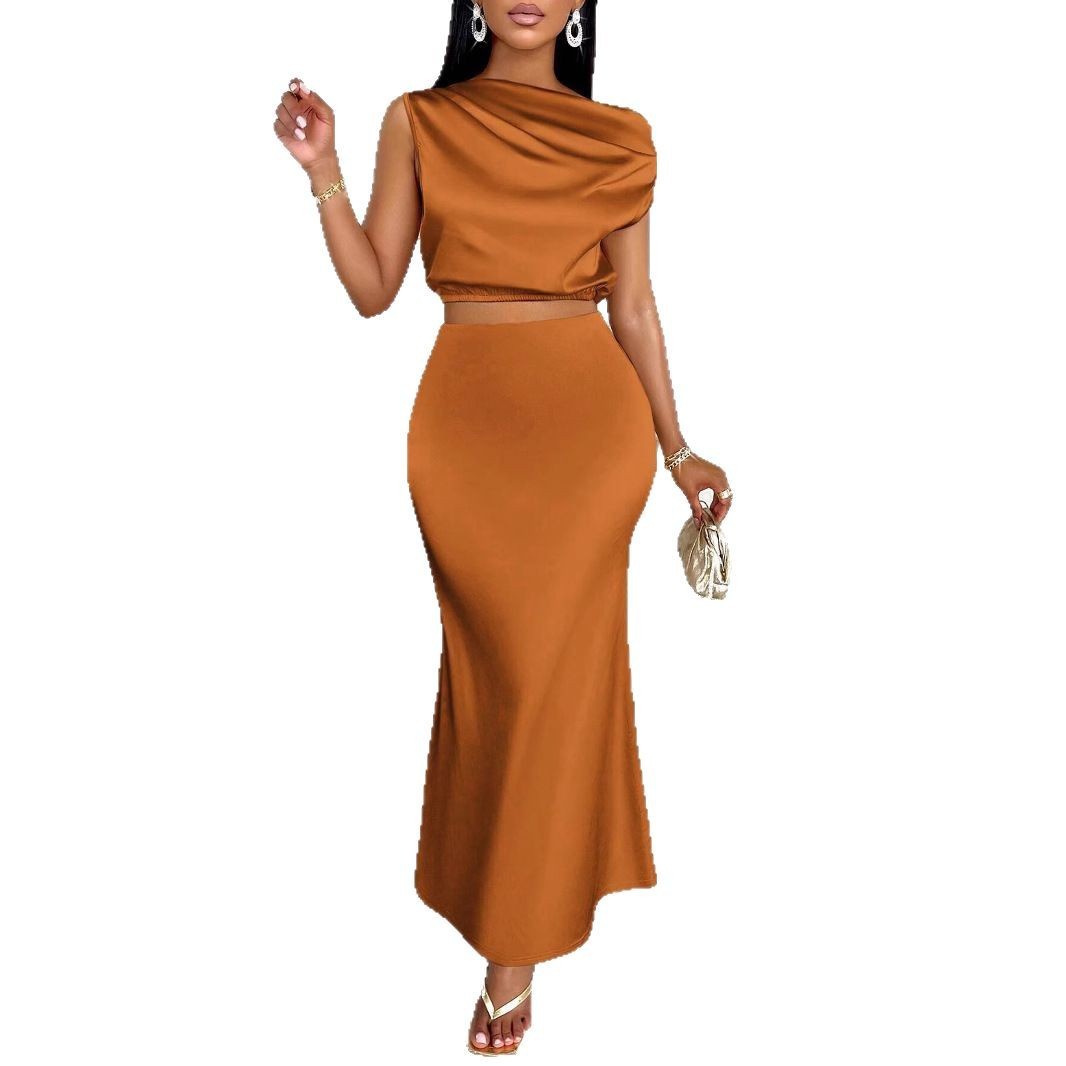 Women's Solid Color Satin Dress Midriff Outfit Suit
