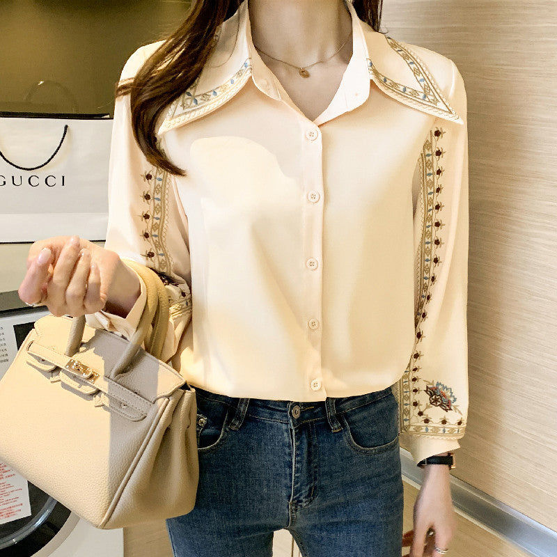 Loose Retro Hong Kong-style Temperament Blouse, Women's Embroidered
