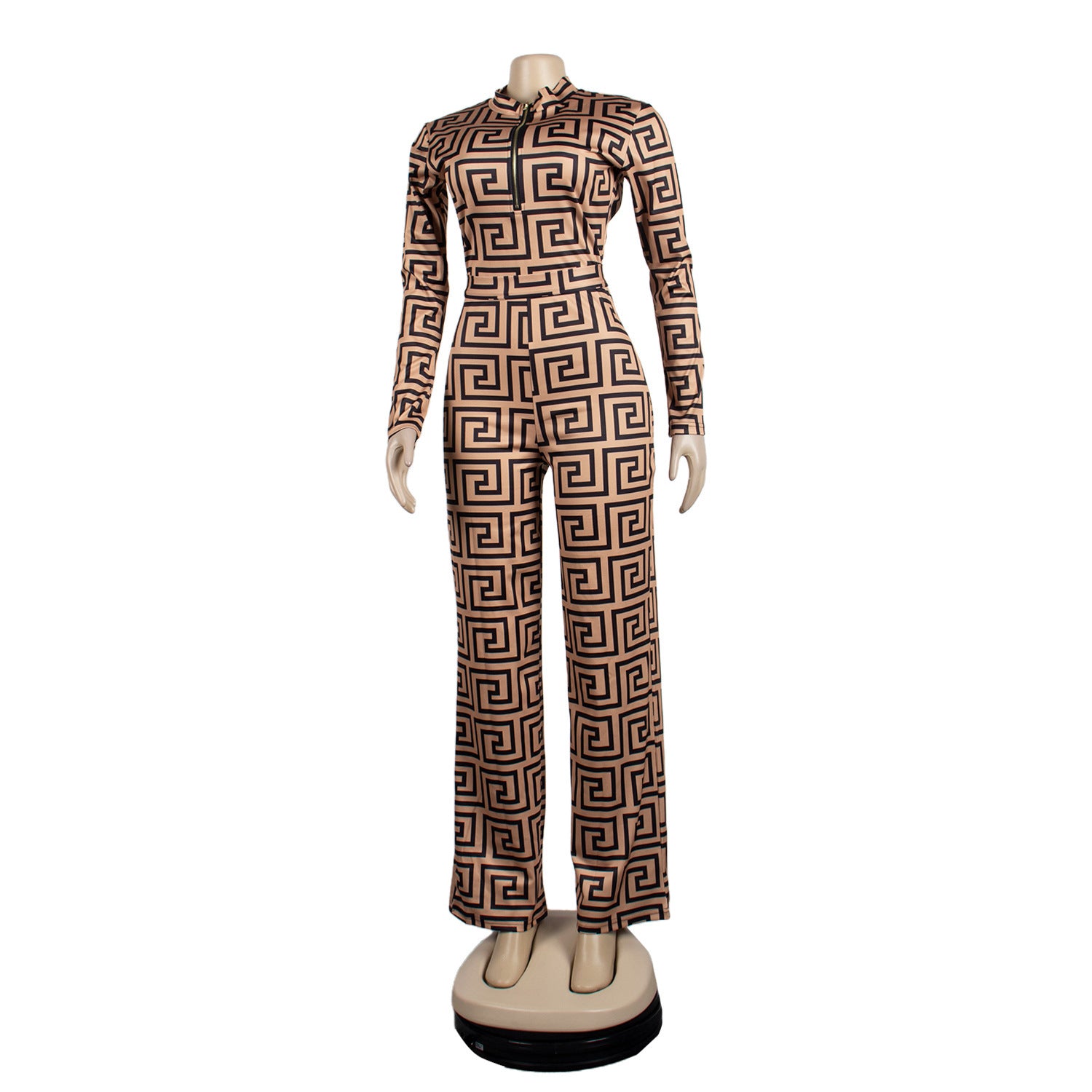 Fashion Print Ladies Deep V Neck Zip Tie Jumpsuit