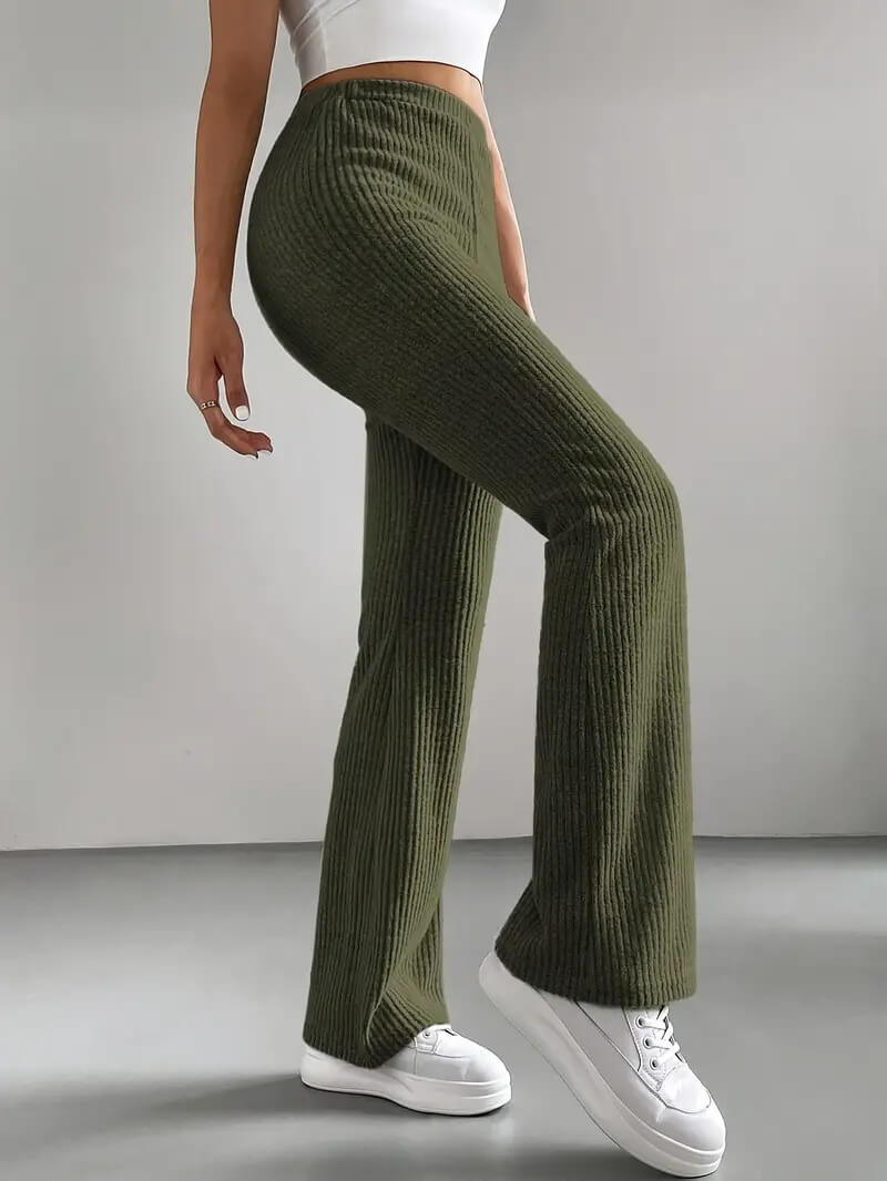 Flared Pants Women's Solid Color Casual Pants Ribbed Knit Fashionable Versatile Slim Fit Trousers