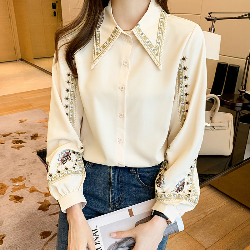 Loose Retro Hong Kong-style Temperament Blouse, Women's Embroidered