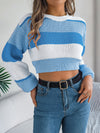 Casual Color-Block Lantern Sleeve Cropped Sweater