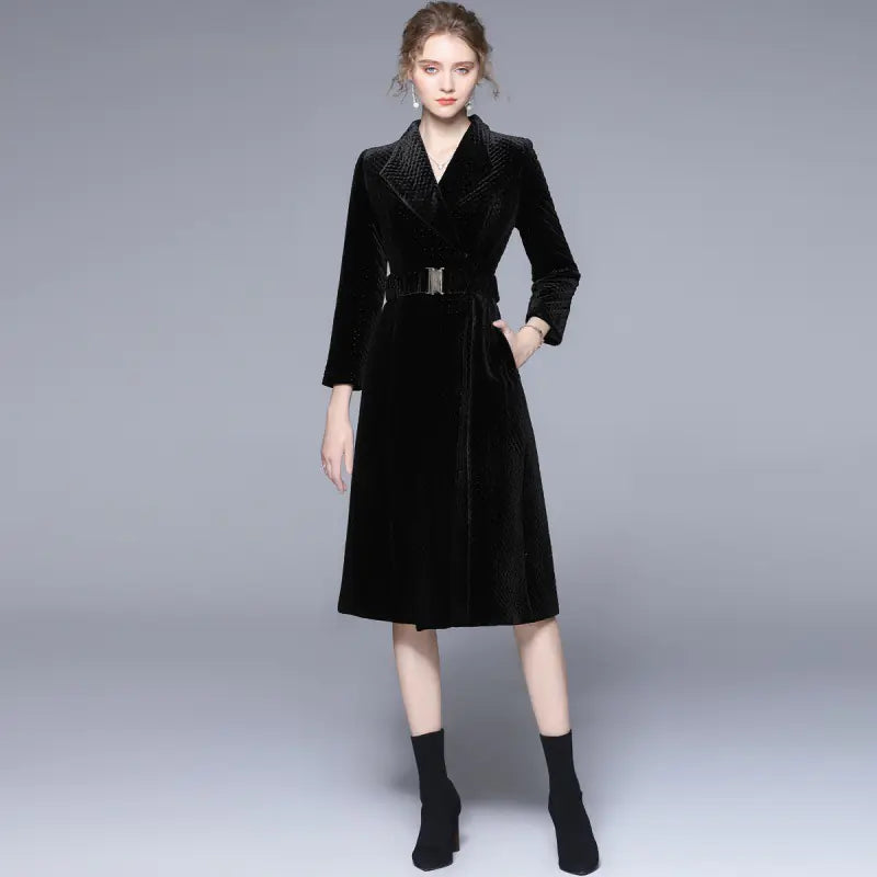 Chic Blue Plaid Velvet Coat for Women